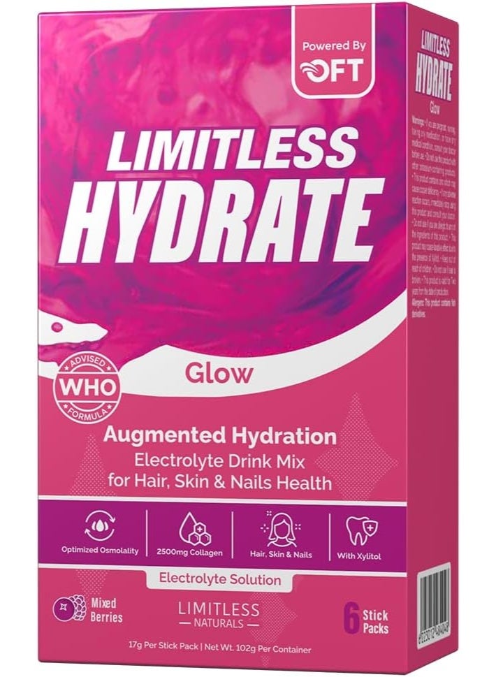 ليمتليس مسحوق ترطيب البشرة "هايدريت جلو"، بنكهة التوت المشكل، يحتوي على الكولاجين والإلكتروليتات وفيتامين سي، مزيج مشروب ترطيب البشرة، 6 أكياس (17 غرام لكل كيس) - Image 1